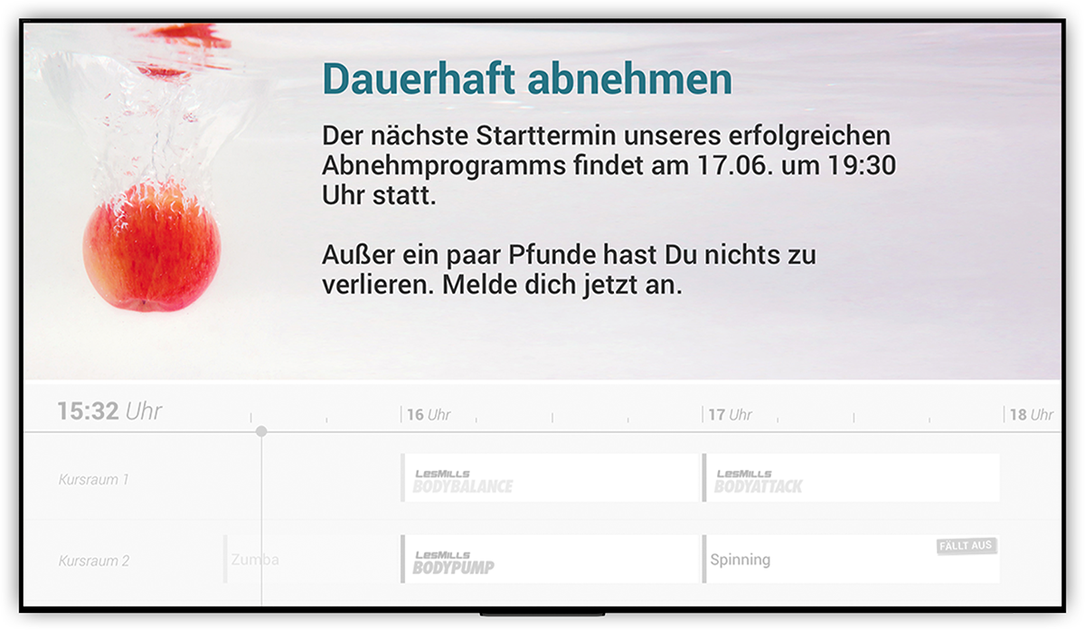 Kursplan Club news Digital Signage für Fitnessclubs