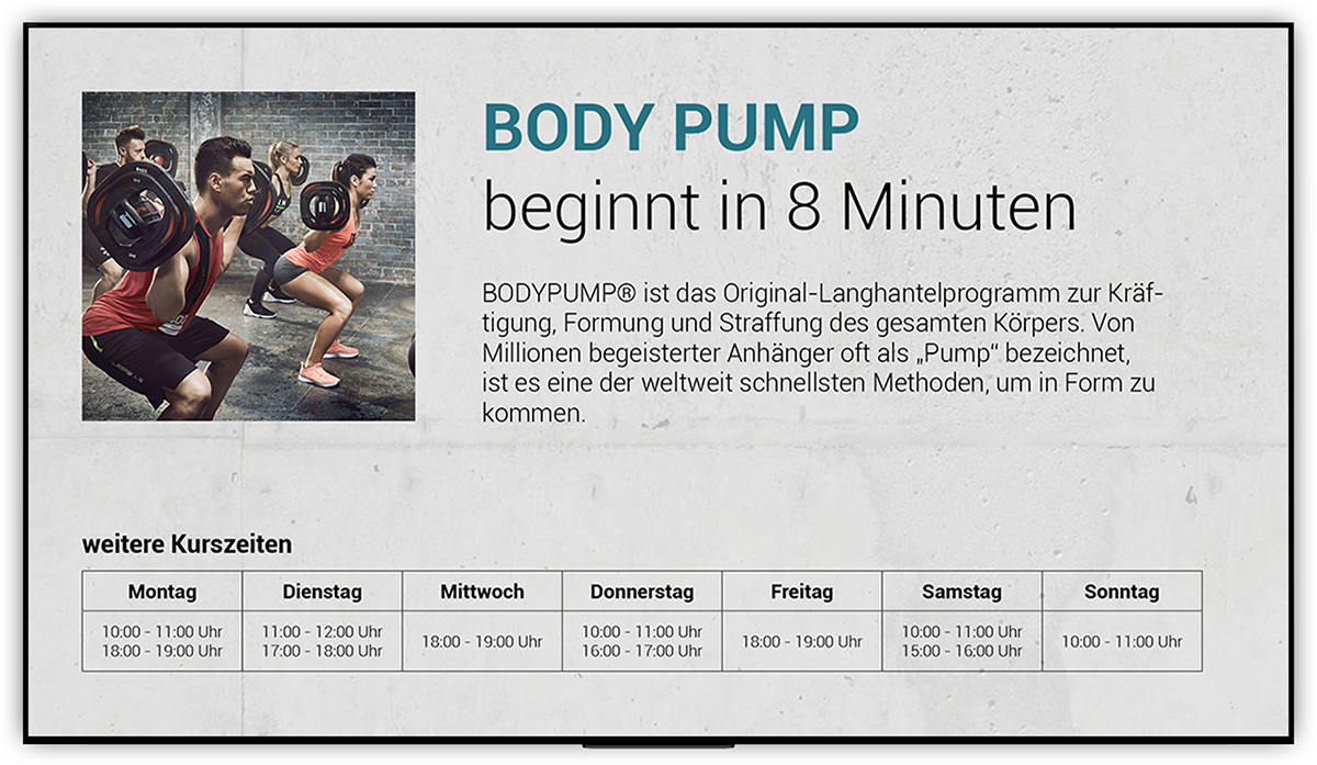 Kursplan Kurssankündigung Digital Signage für Fitnessclubs