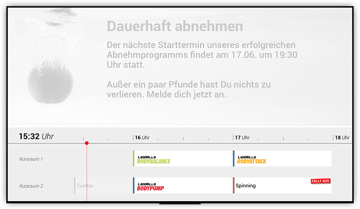 Kursplan Timeline Digital Signage für Fitnessclubs