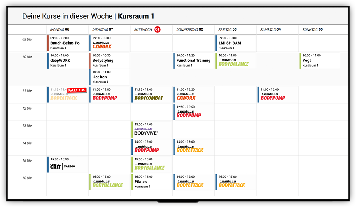 Kursplan Wochenansicht Digital Signage für Fitnessclubs