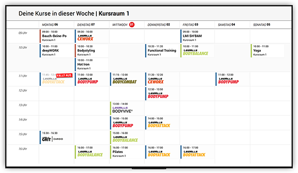 Kursplan Wochenansicht Digital Signage für Fitnessclubs